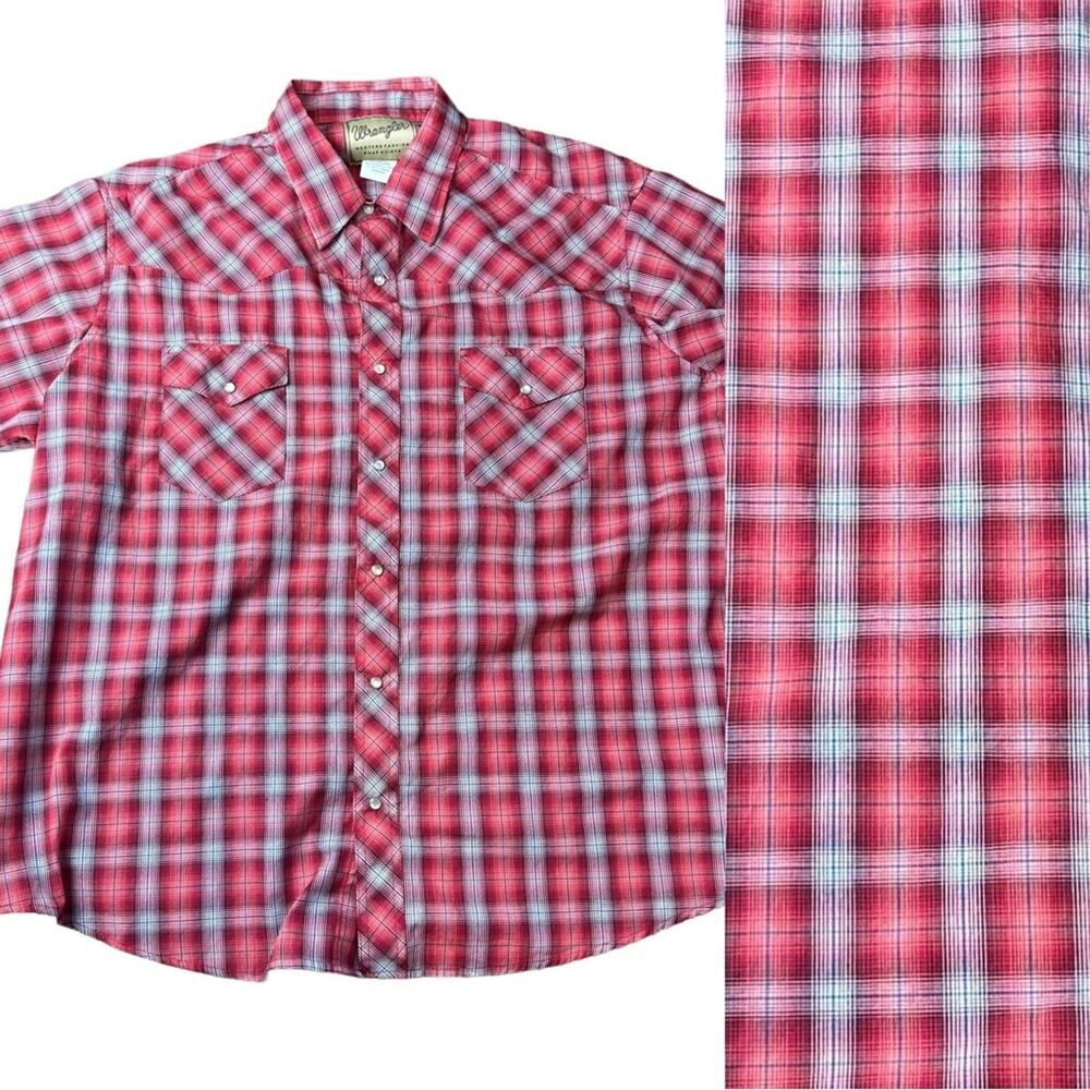 Wrangler Western Pearl Snap Plaid Short Sleeve Shirt Size 2XL Red Blue White